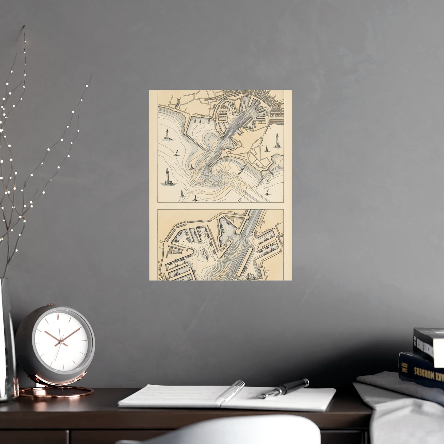 Harbour Soundings on a living room wall beside a tall vase, 12x18 in print