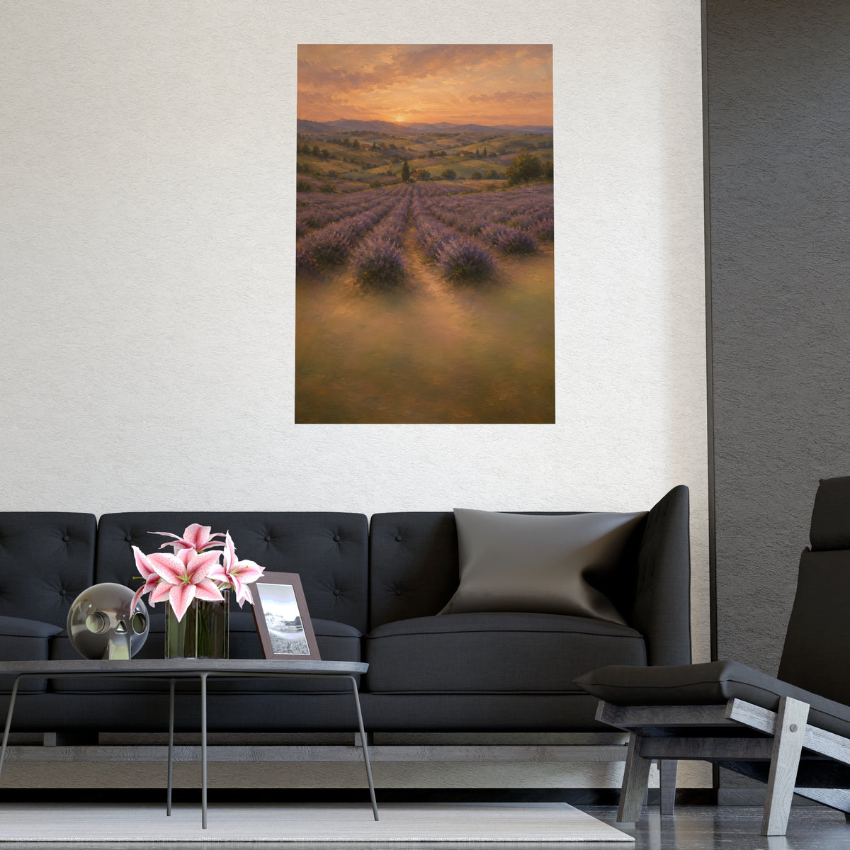 Lavender Fields at Dusk — lavender rows receding into soft hills at dusk, shown framed on a wall