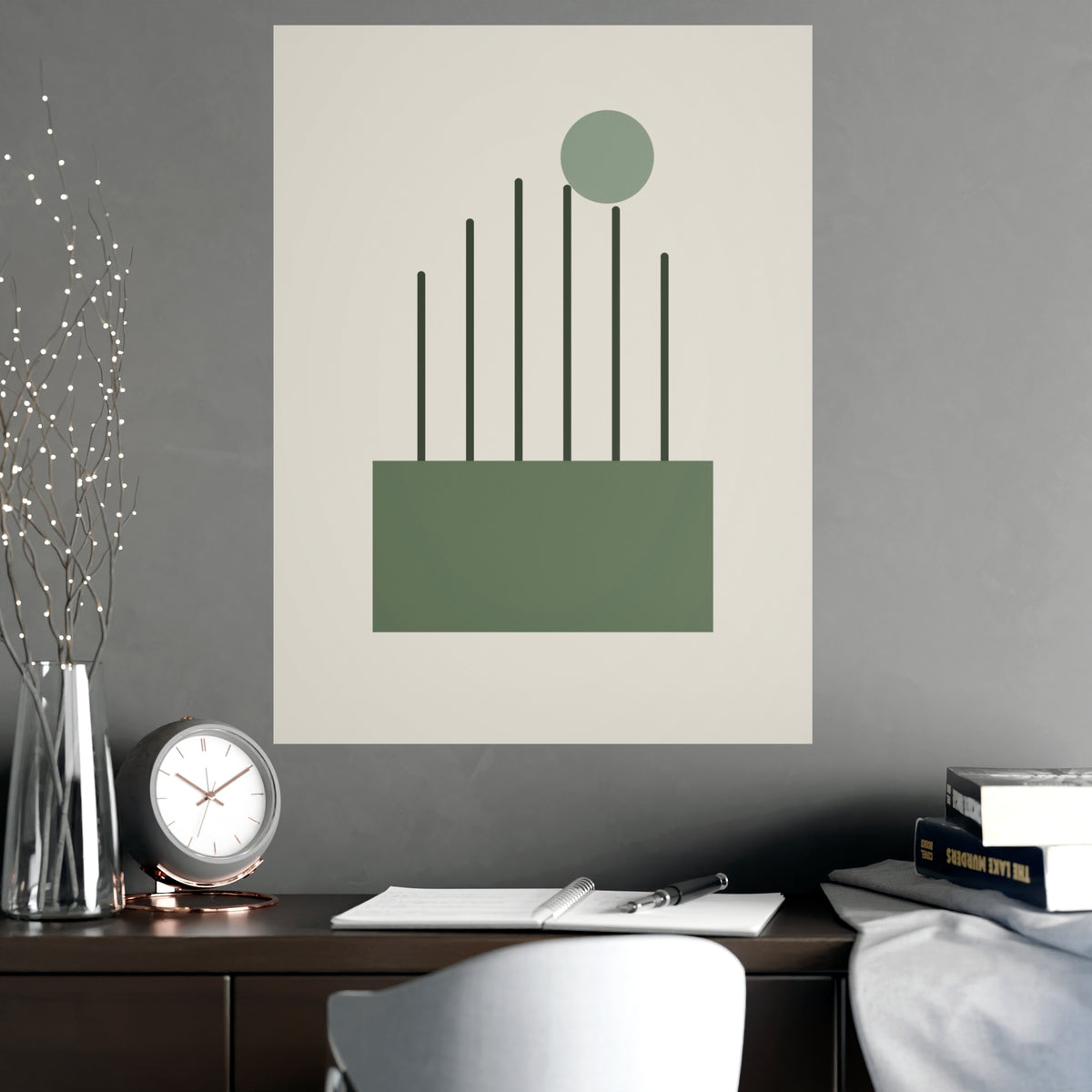 Sage Neutral Lines Boho Wall Art — lines in a sage neutral palette, shown framed on a wall
