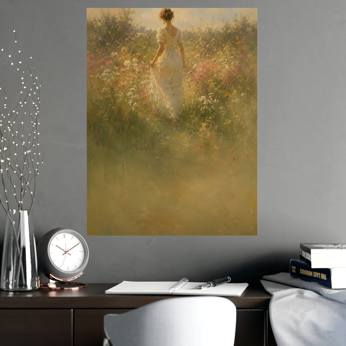Meadow Walk — a woman walking through a summer meadow of wildflowers, shown framed on a wall
