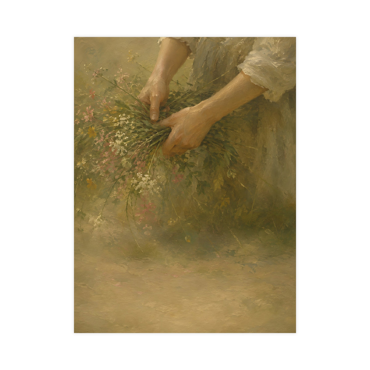 Hands and Wildflowers — a woman's hands gathering wildflower stems into a bundle, cropped at the forearms so no face is in fr