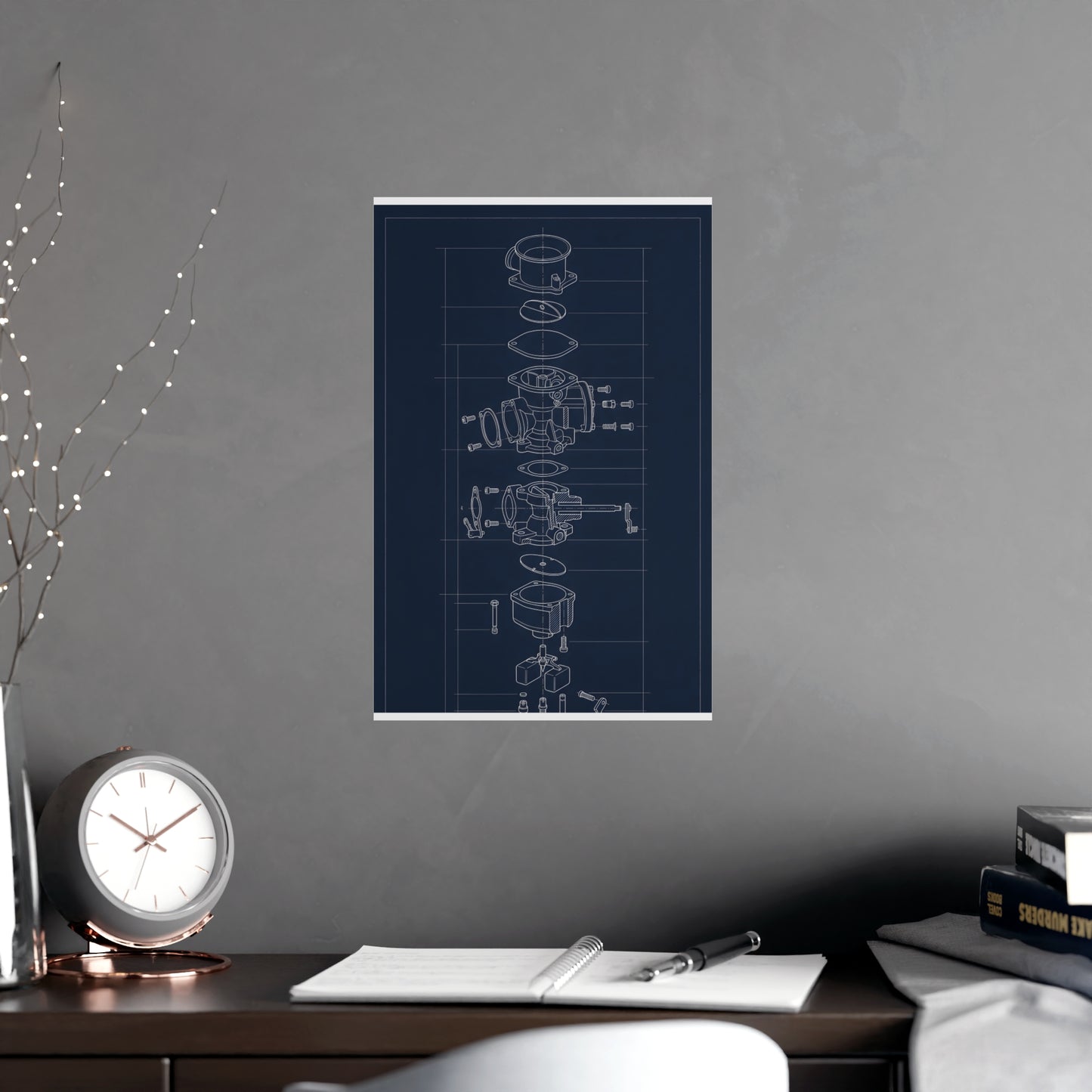 Carburettor, Exploded framed on a cream wall in a living room, 11x17 in print