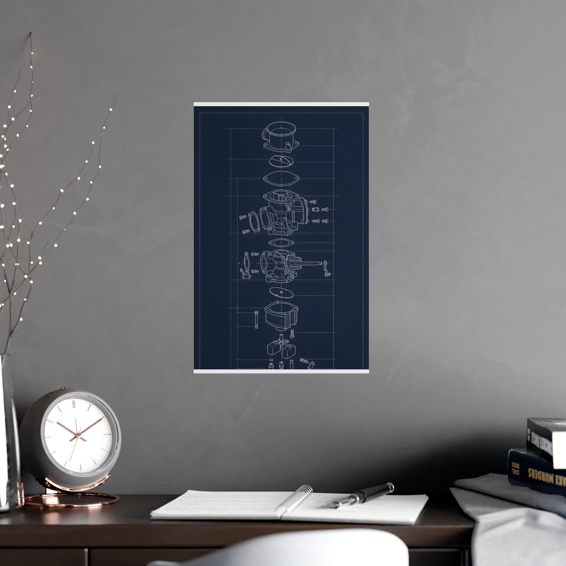 Carburettor, Exploded framed on a cream wall in a living room, 11x17 in print