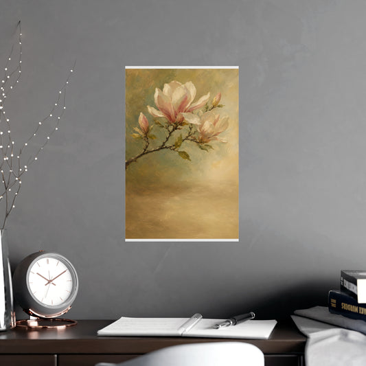 Magnolia Branch — a single magnolia branch in bloom, shown framed on a wall