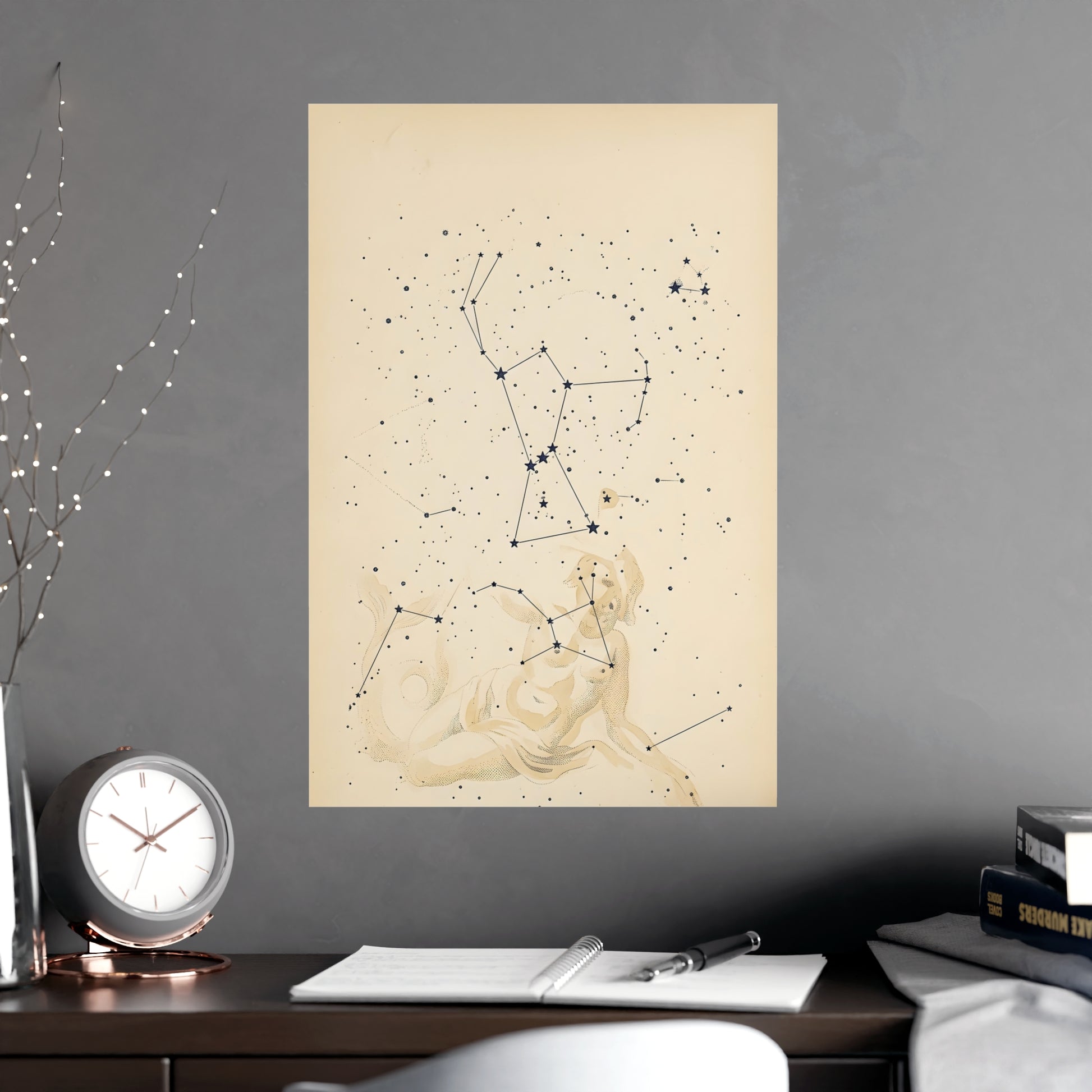 Constellation on a living room wall beside a tall vase, 18x24 in print