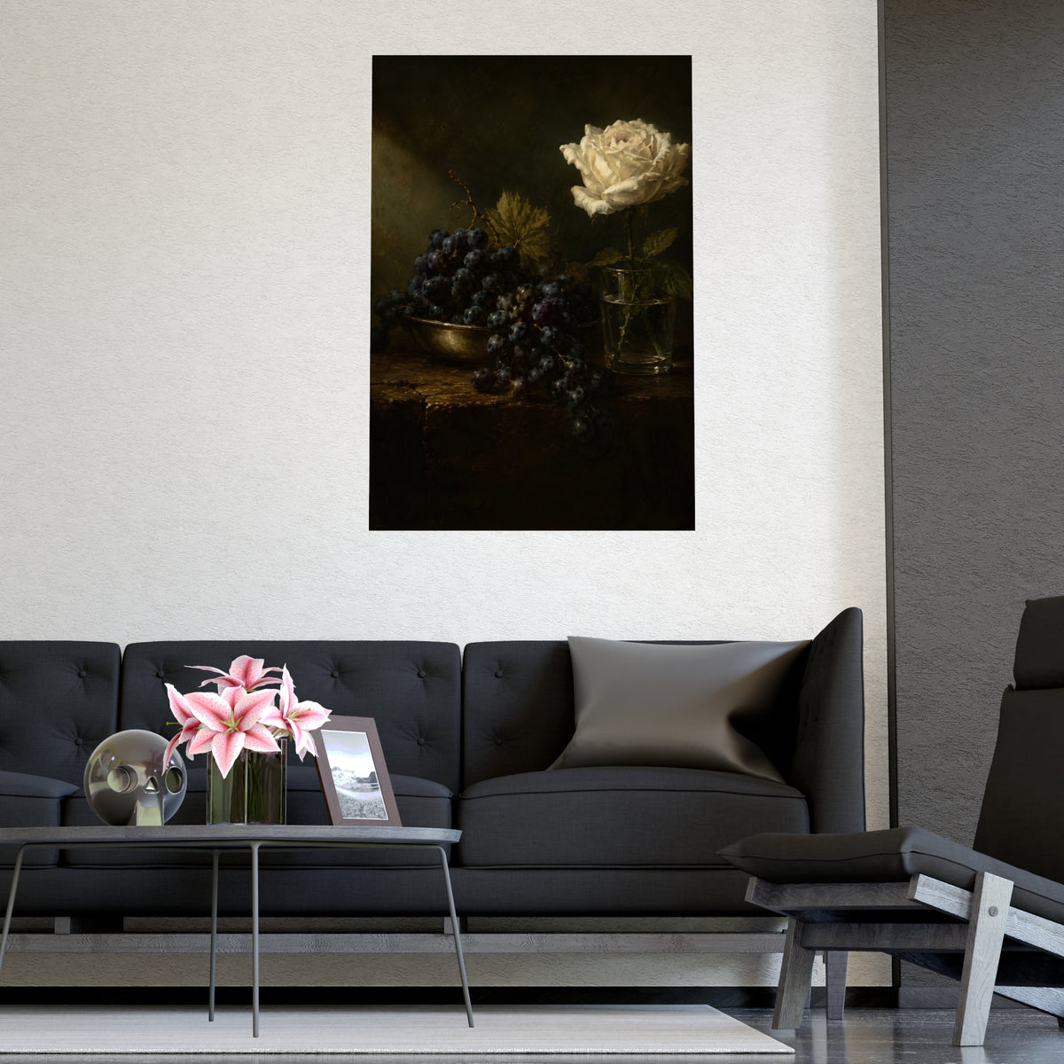 Grapes and a White Rose — grapes and a white rose, shown framed on a wall