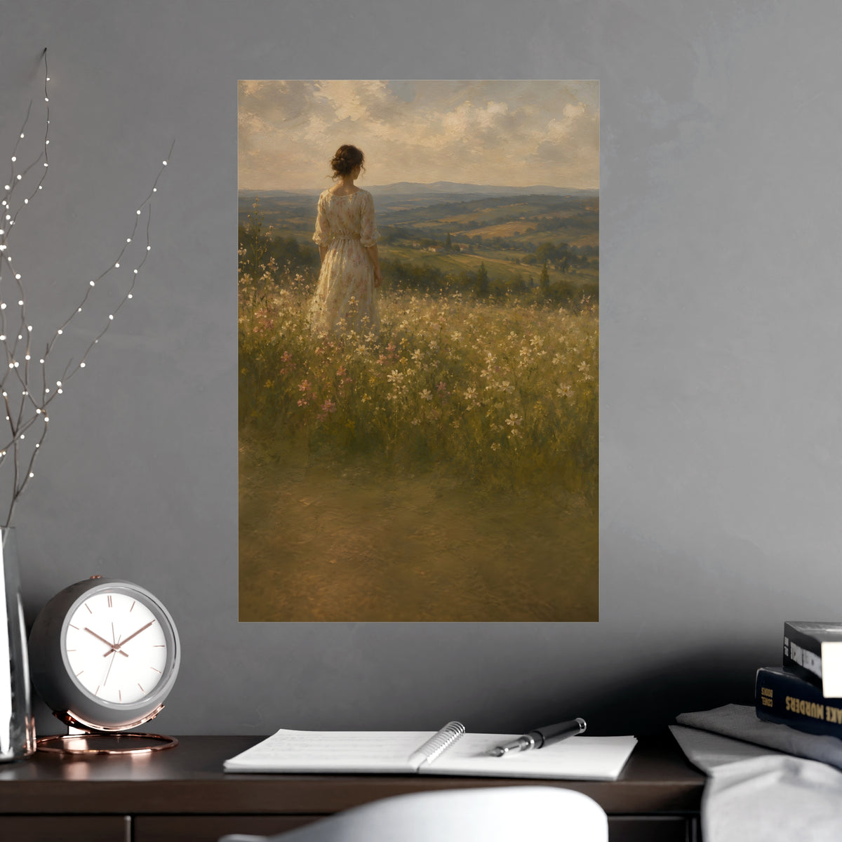 Looking to the Hills — a woman at the edge of a wildflower field looking toward distant hills, shown framed on a wall