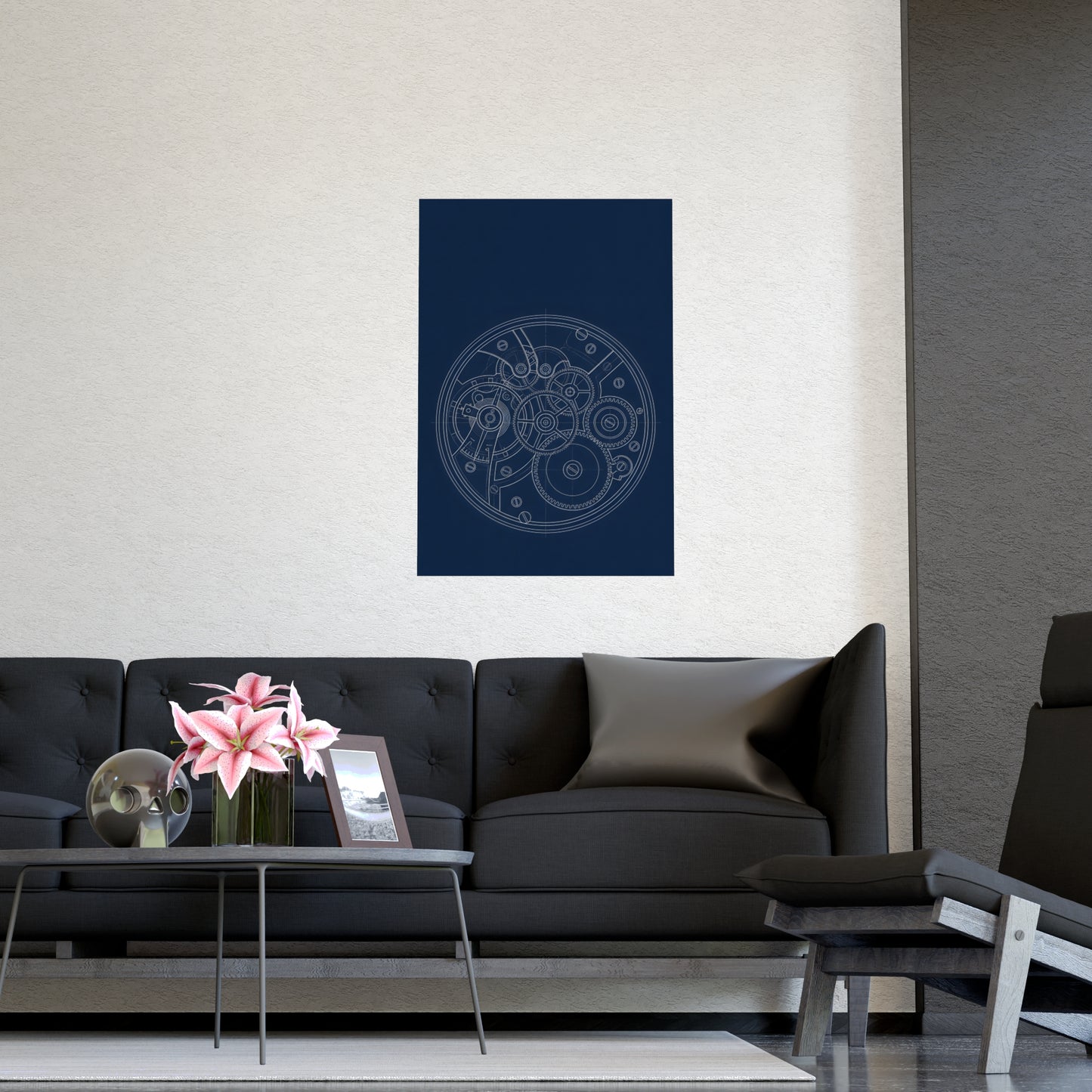 Watch Movement on a living room wall beside a tall vase, 16x24 in print