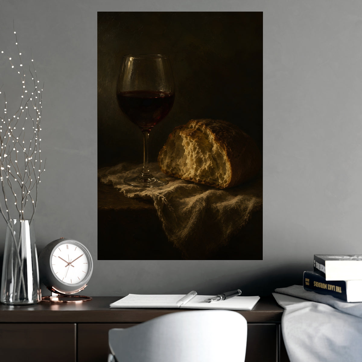 Wine and Bread — wine and bread, shown framed on a wall