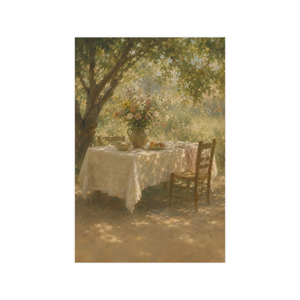 Table Under the Tree — a table under a tree with a linen cloth and a jug of wildflowers, 12x18 in print