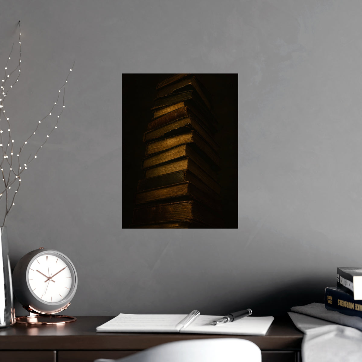 Books, Stacked — books, stacked, shown framed on a wall