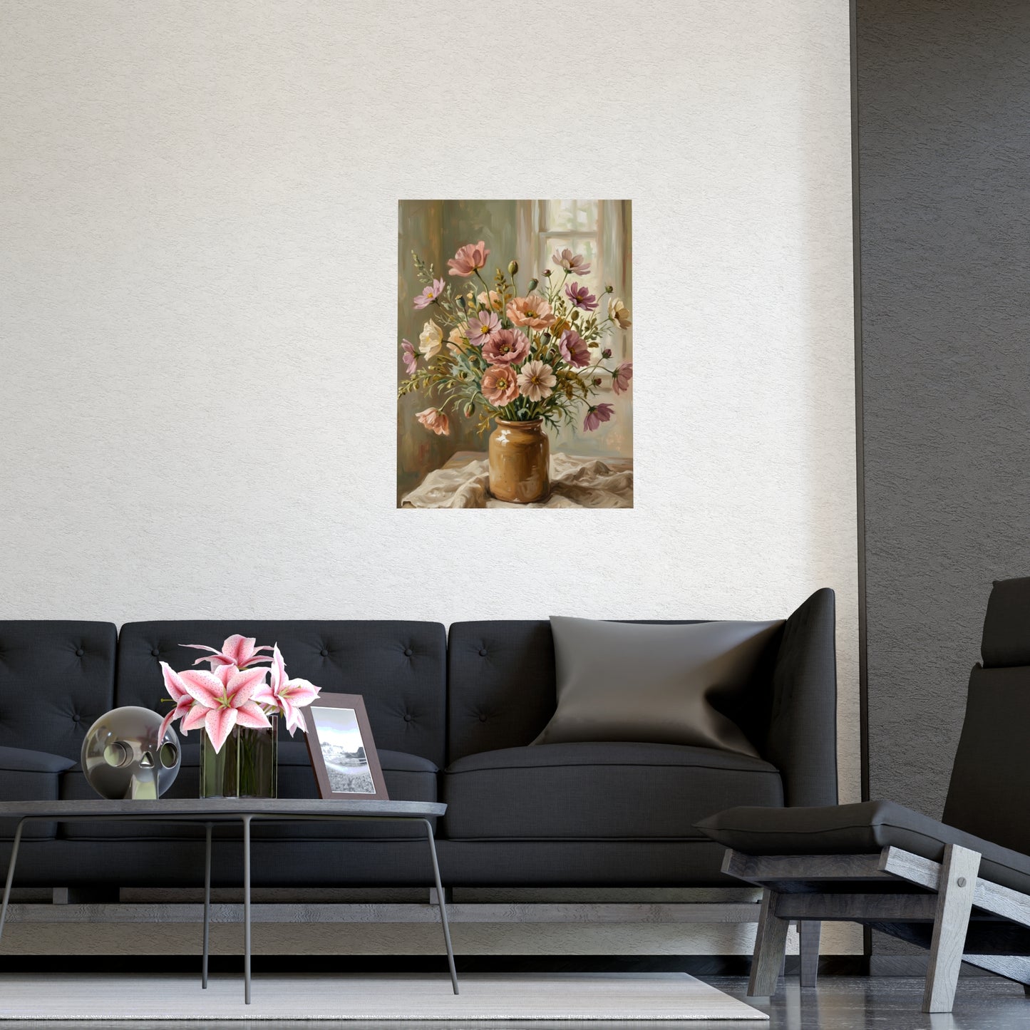 Gemini 02 hung above a sofa with a side table and lilies, 11x17 in print