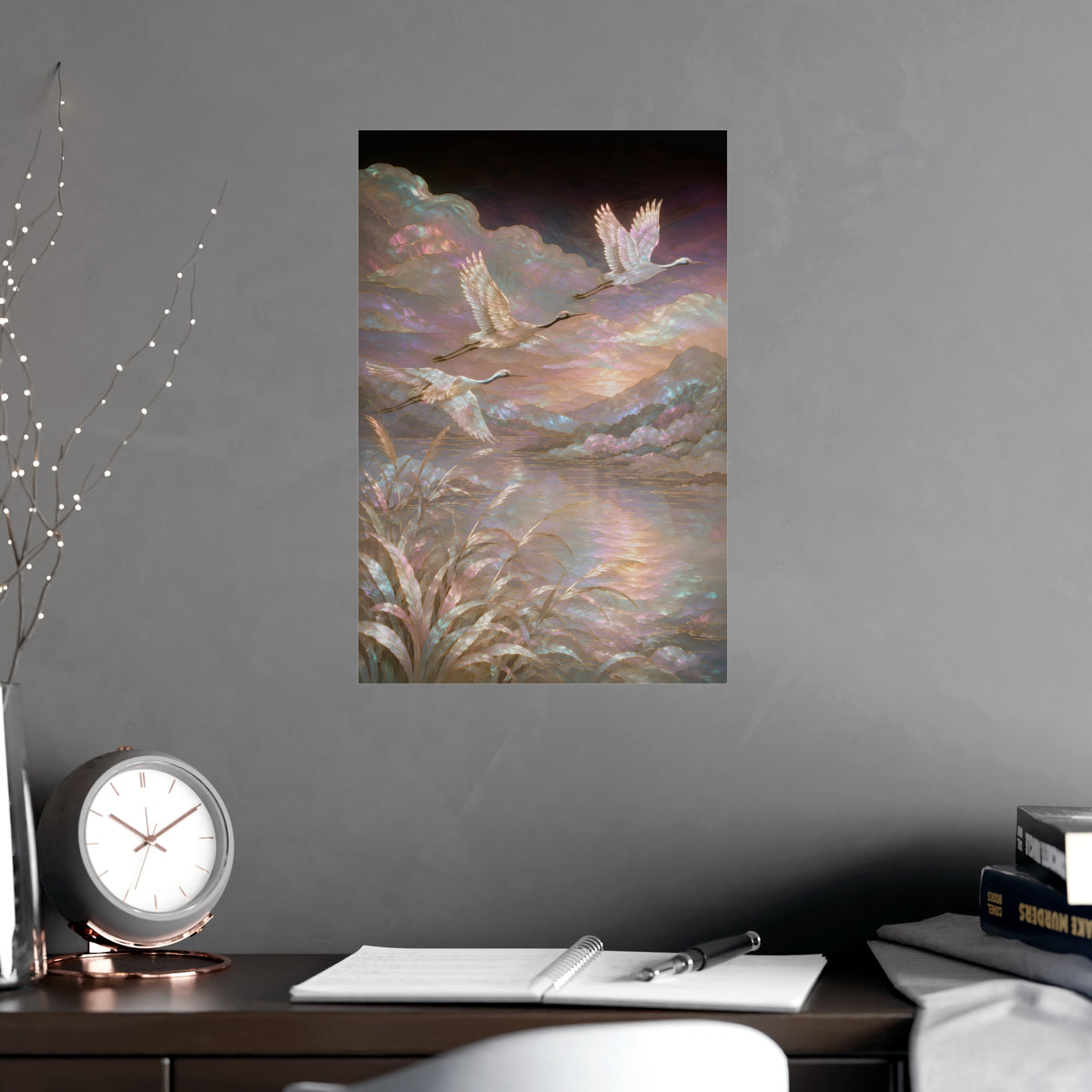 Cranes over Water — cranes over water, shown framed on a wall