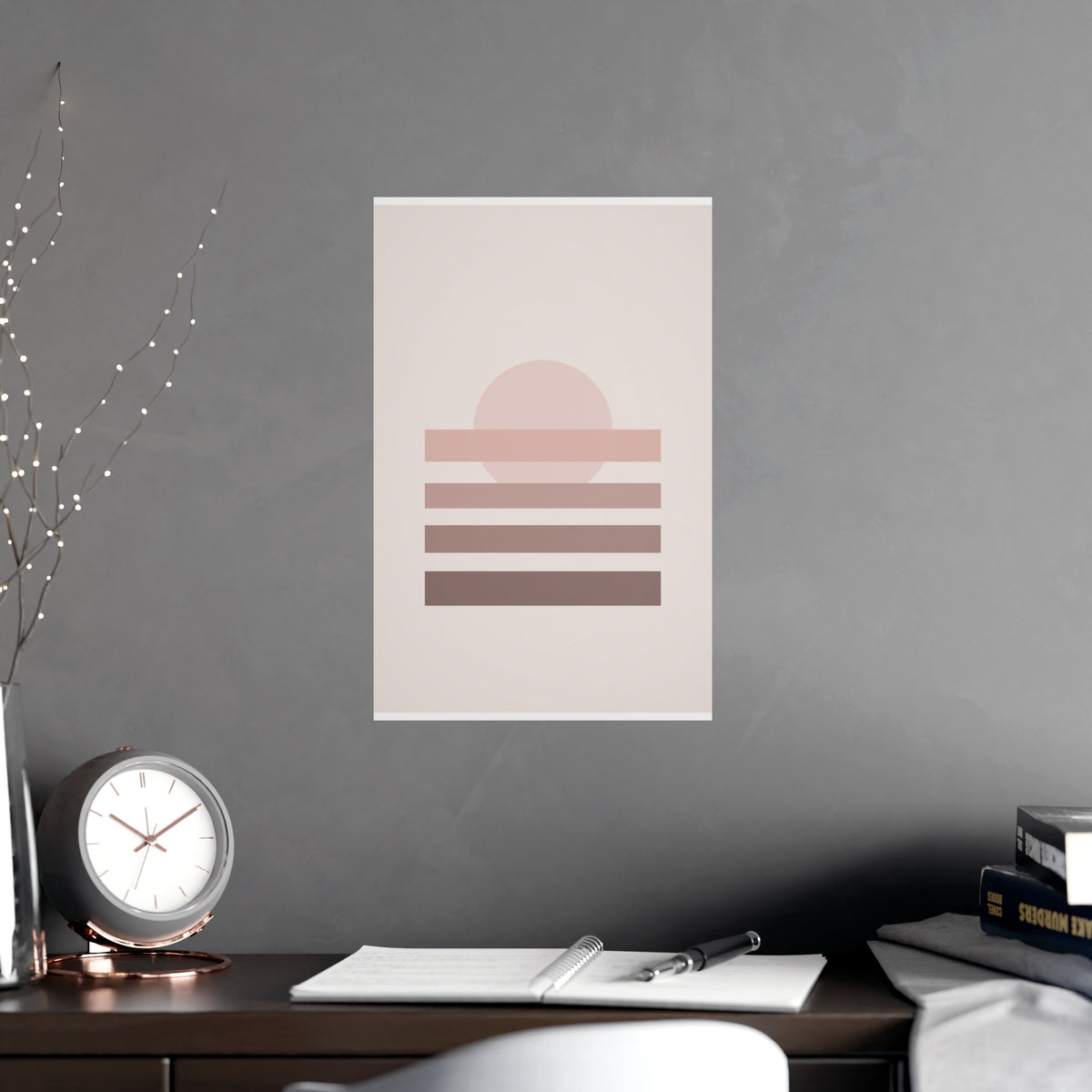 Dusty Rose Sunset Landscape Wall Art — sunset landscape in a dusty rose palette, shown framed on a wall