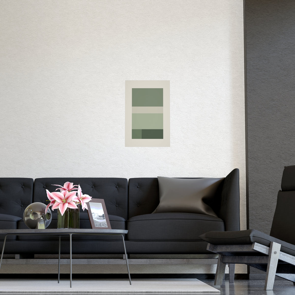 Sage Neutral Blocks Boho Wall Art — blocks in a sage neutral palette, shown framed on a wall