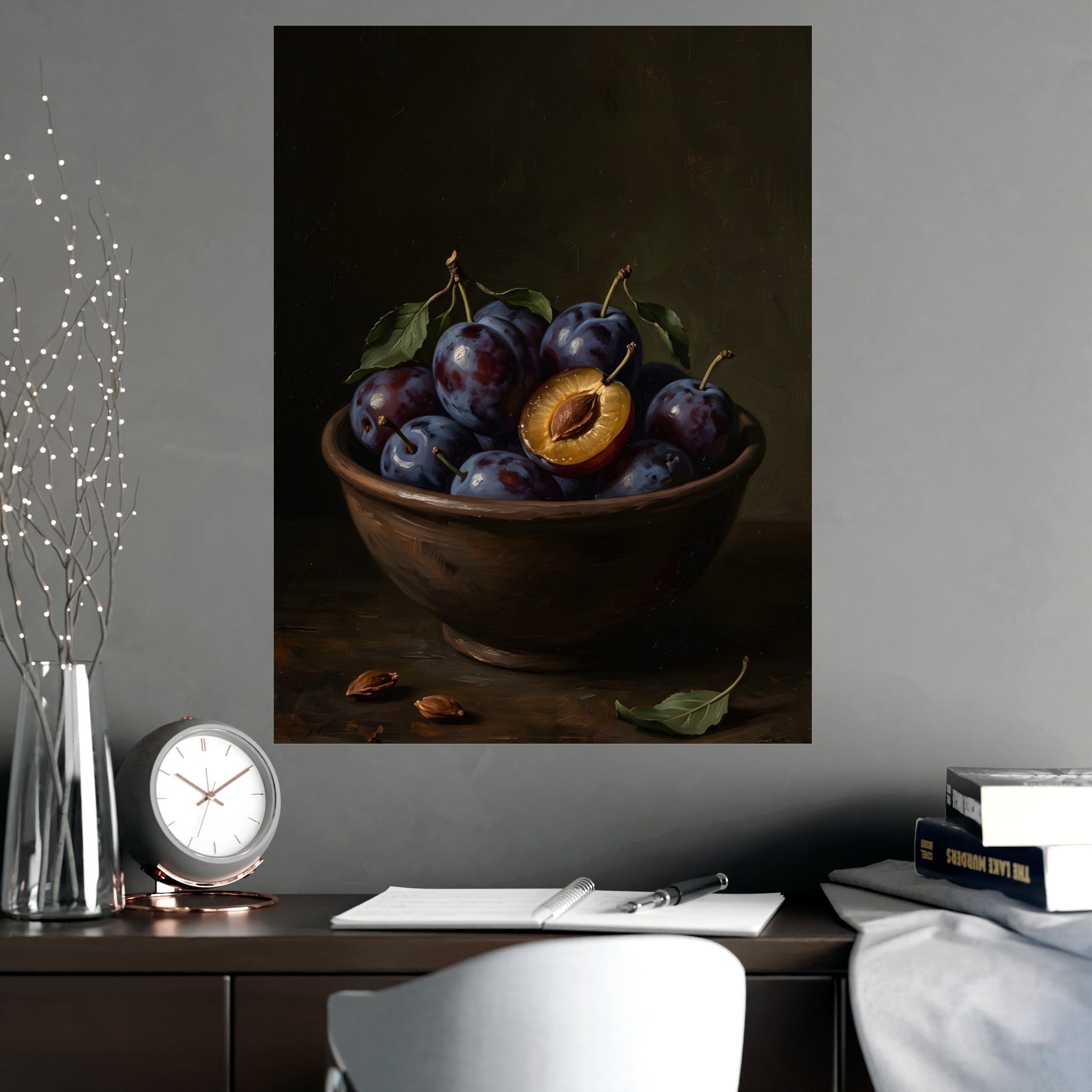 Bowl of Plums framed on a cream wall in a living room, 18x24 in print