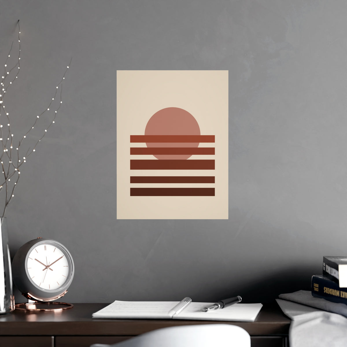 Muted 70s Sunset Landscape Wall Art — sunset landscape in a muted 70s palette, shown framed on a wall