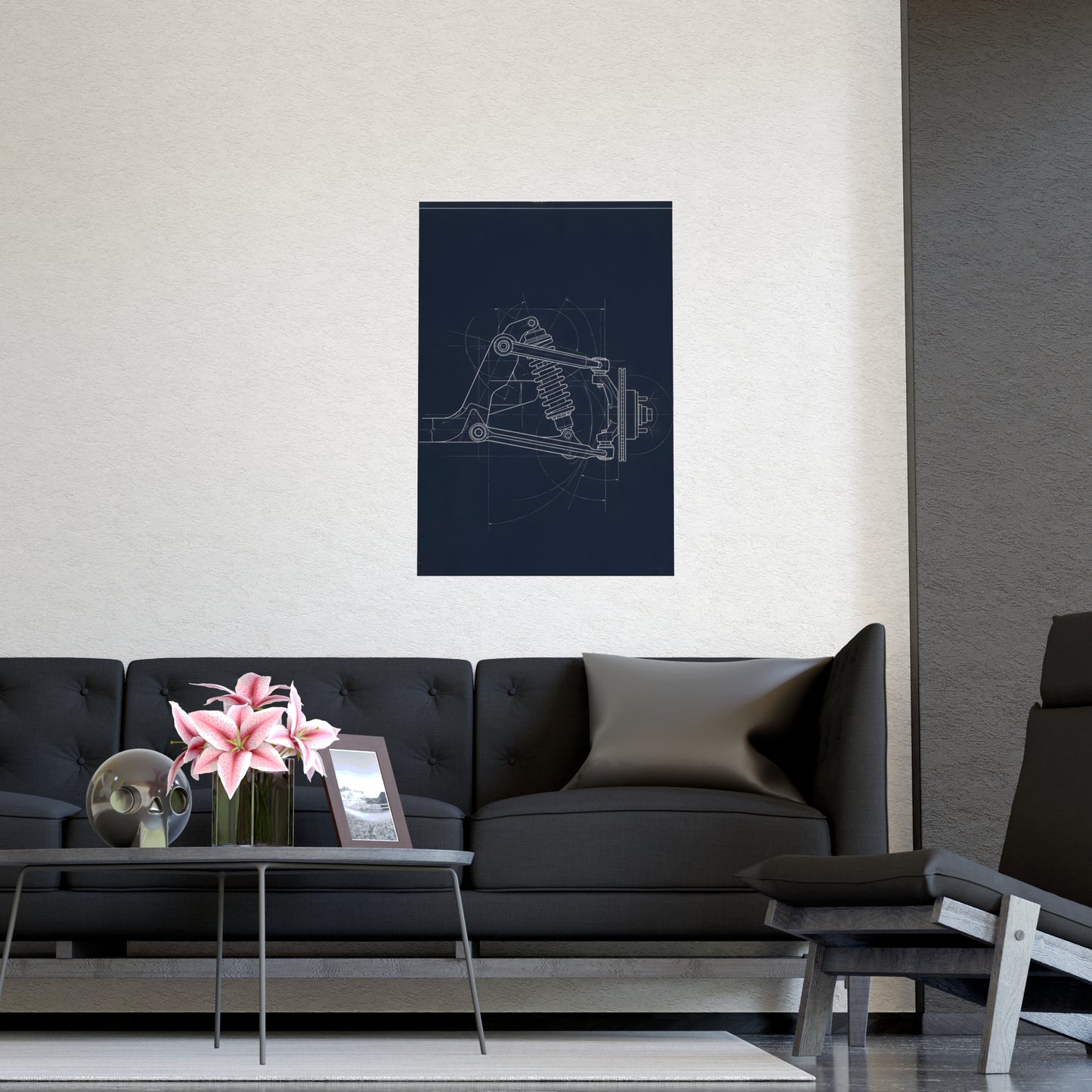 Double Wishbone hung above a sofa with a side table and lilies, 16x24 in print