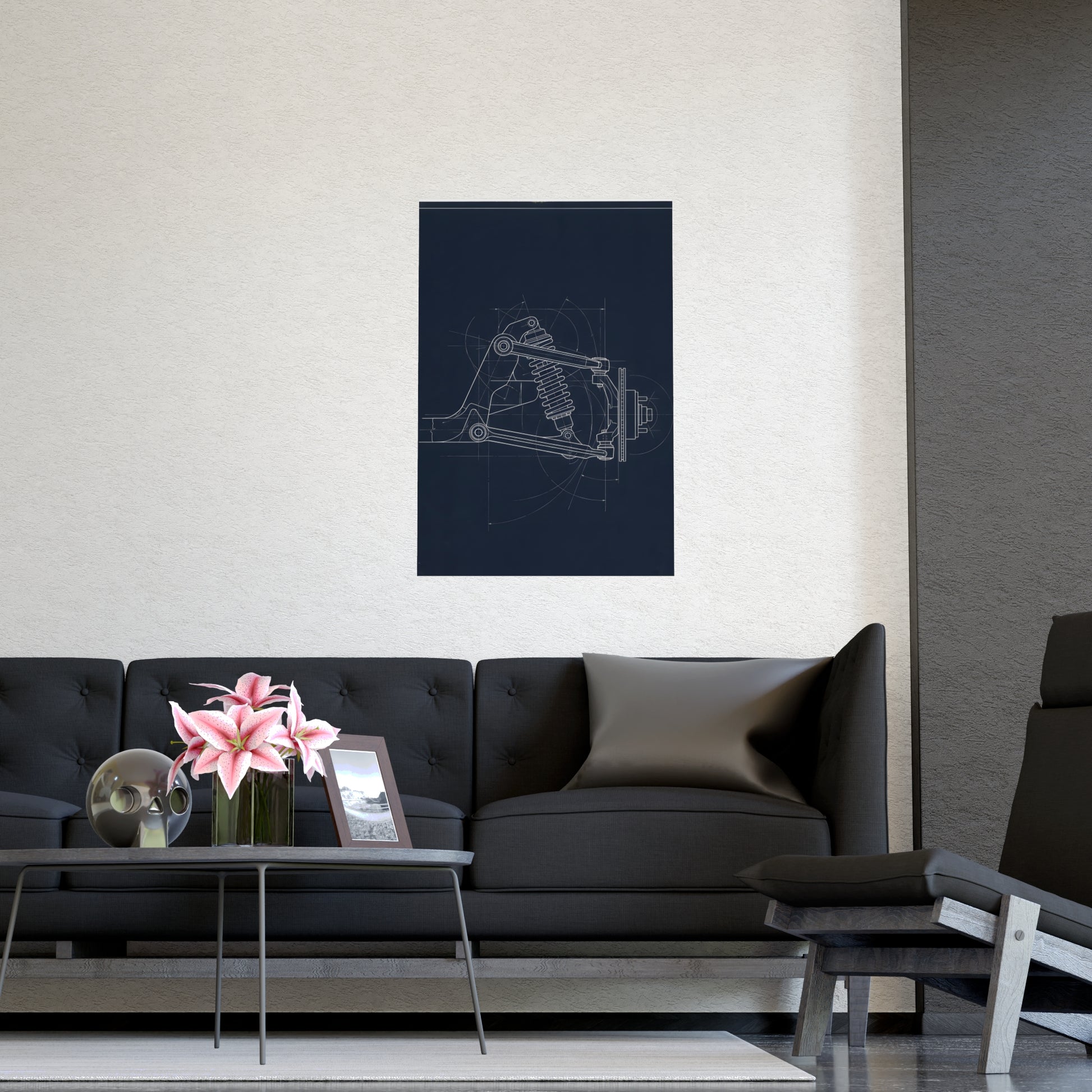 Double Wishbone hung above a sofa with a side table and lilies, 16x24 in print