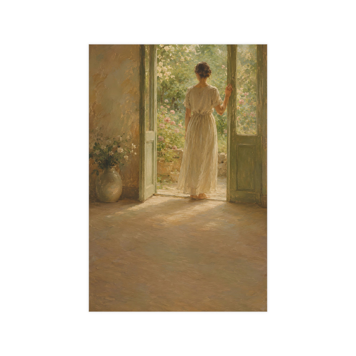 Doorway to the Garden — a woman in a linen dress standing in an open doorway looking out to a summer garden, 12x18 in print