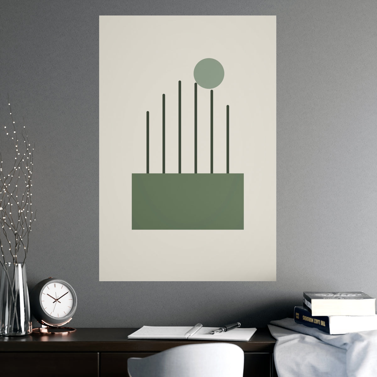 Sage Neutral Lines Boho Wall Art — lines in a sage neutral palette, shown framed on a wall