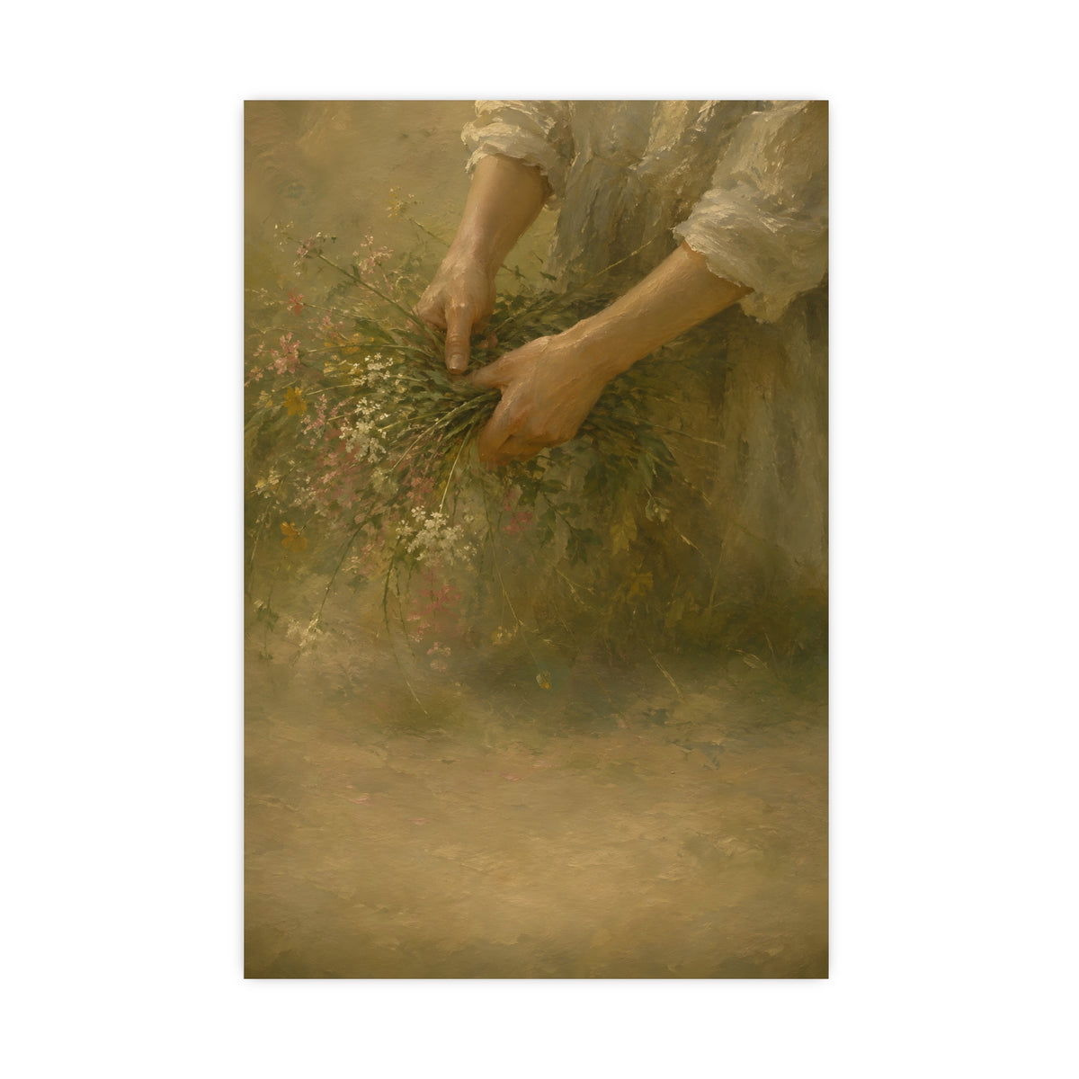Hands and Wildflowers — a woman's hands gathering wildflower stems into a bundle, cropped at the forearms so no face is in fr