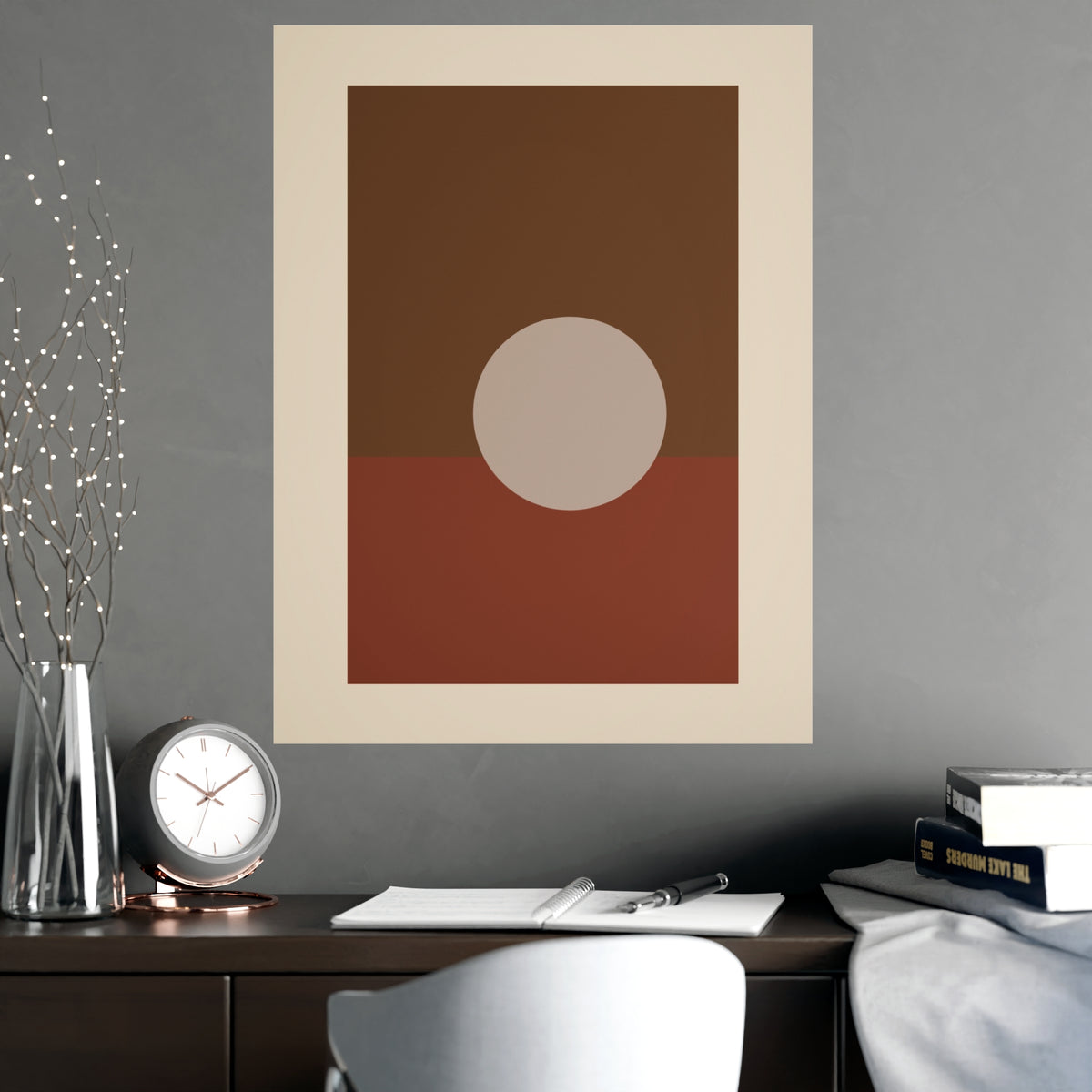 Muted 70s Sun Landscape Wall Art — sun landscape in a muted 70s palette, shown framed on a wall