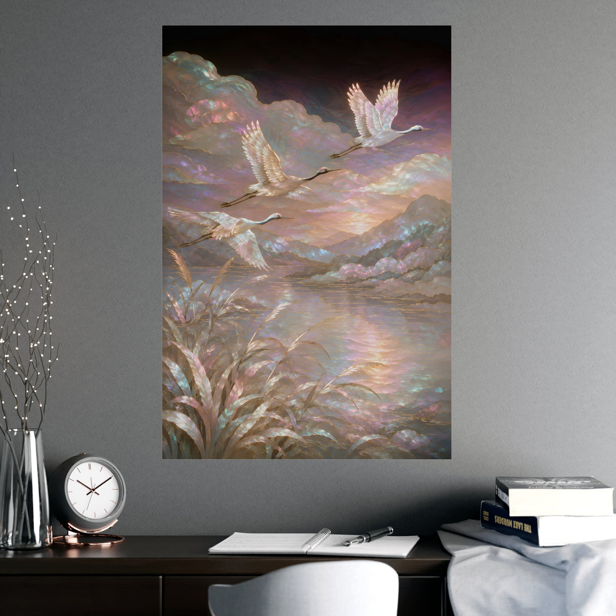 Cranes over Water — cranes over water, shown framed on a wall