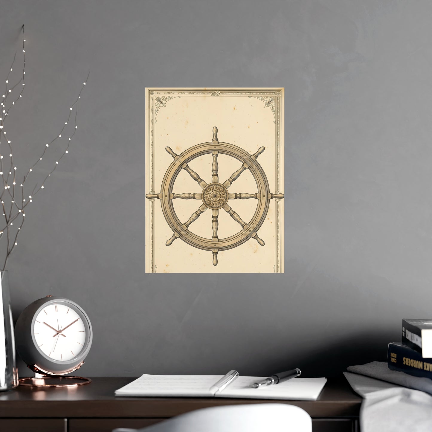 Ship's Wheel on a plain wall, shown at a larger size, 12x18 in print