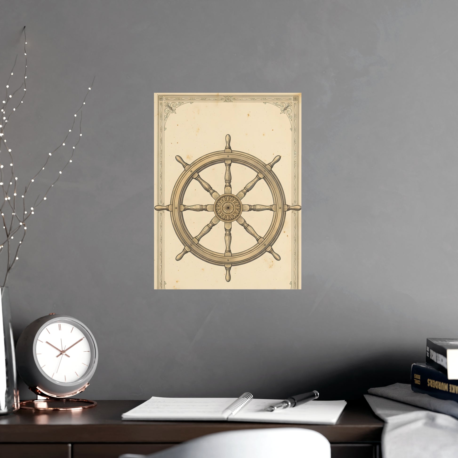 Ship's Wheel on a plain wall, shown at a larger size, 12x18 in print