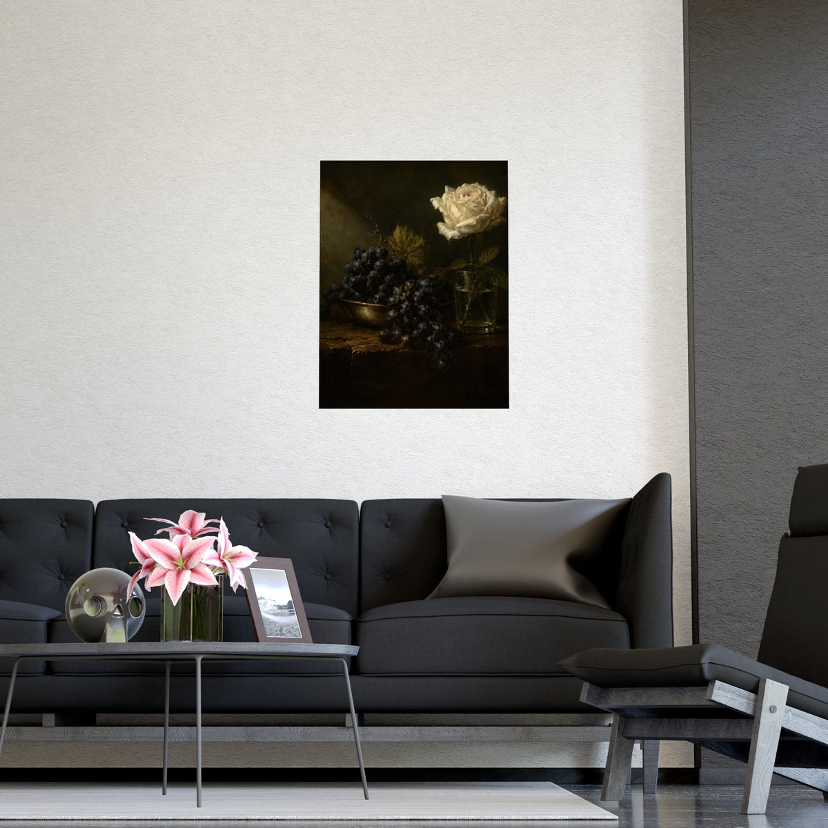 Grapes and a White Rose — grapes and a white rose, shown framed on a wall