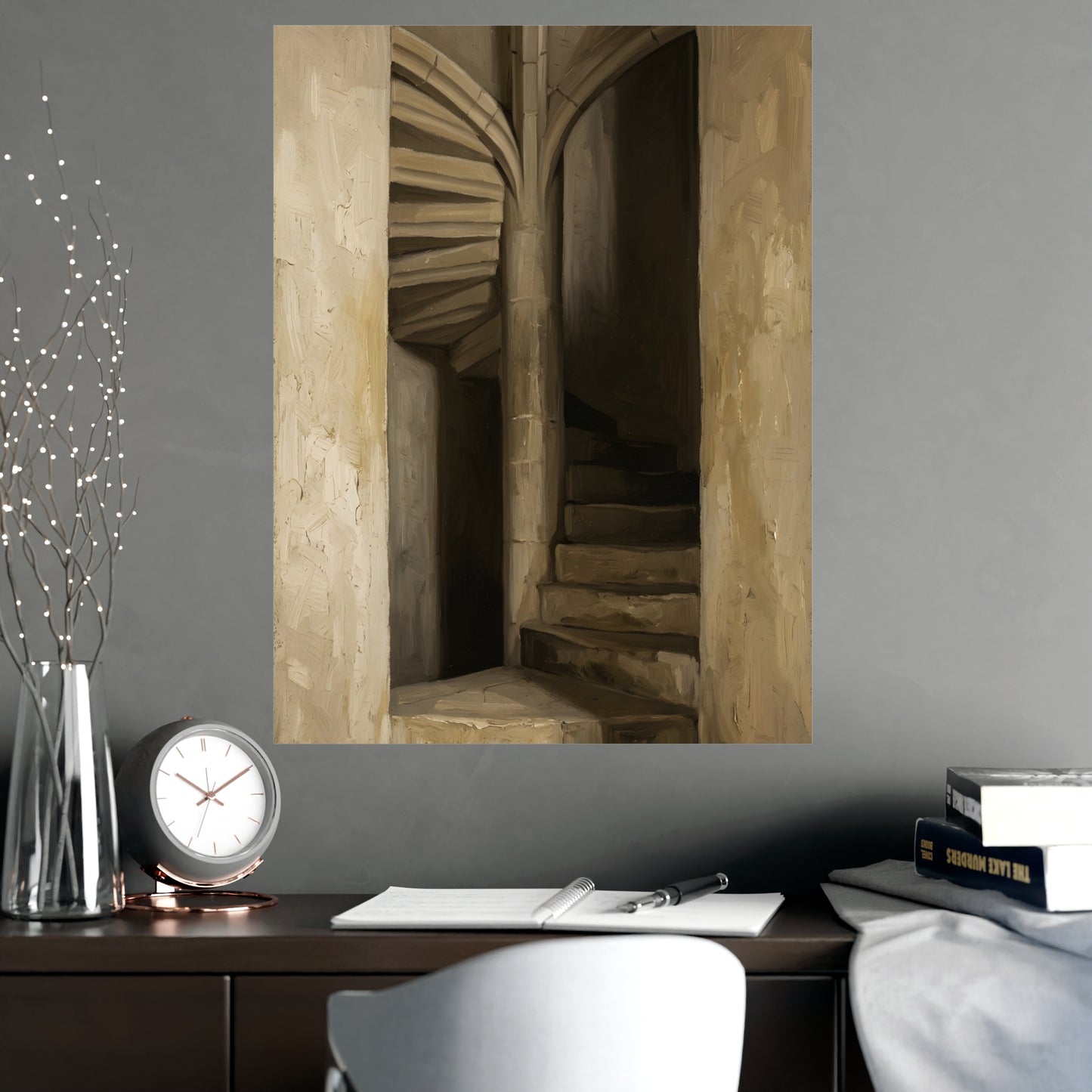 Stone Stair hung on a grey wall above a dark sofa, 18x24 in print