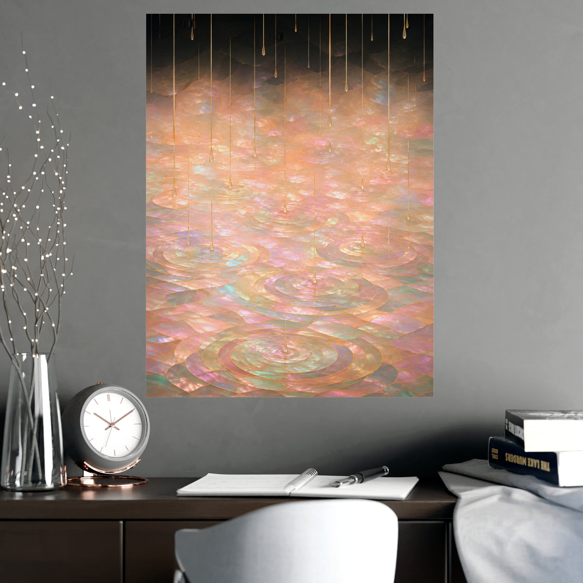 Rain on Still Water — rain on still water, shown framed on a wall