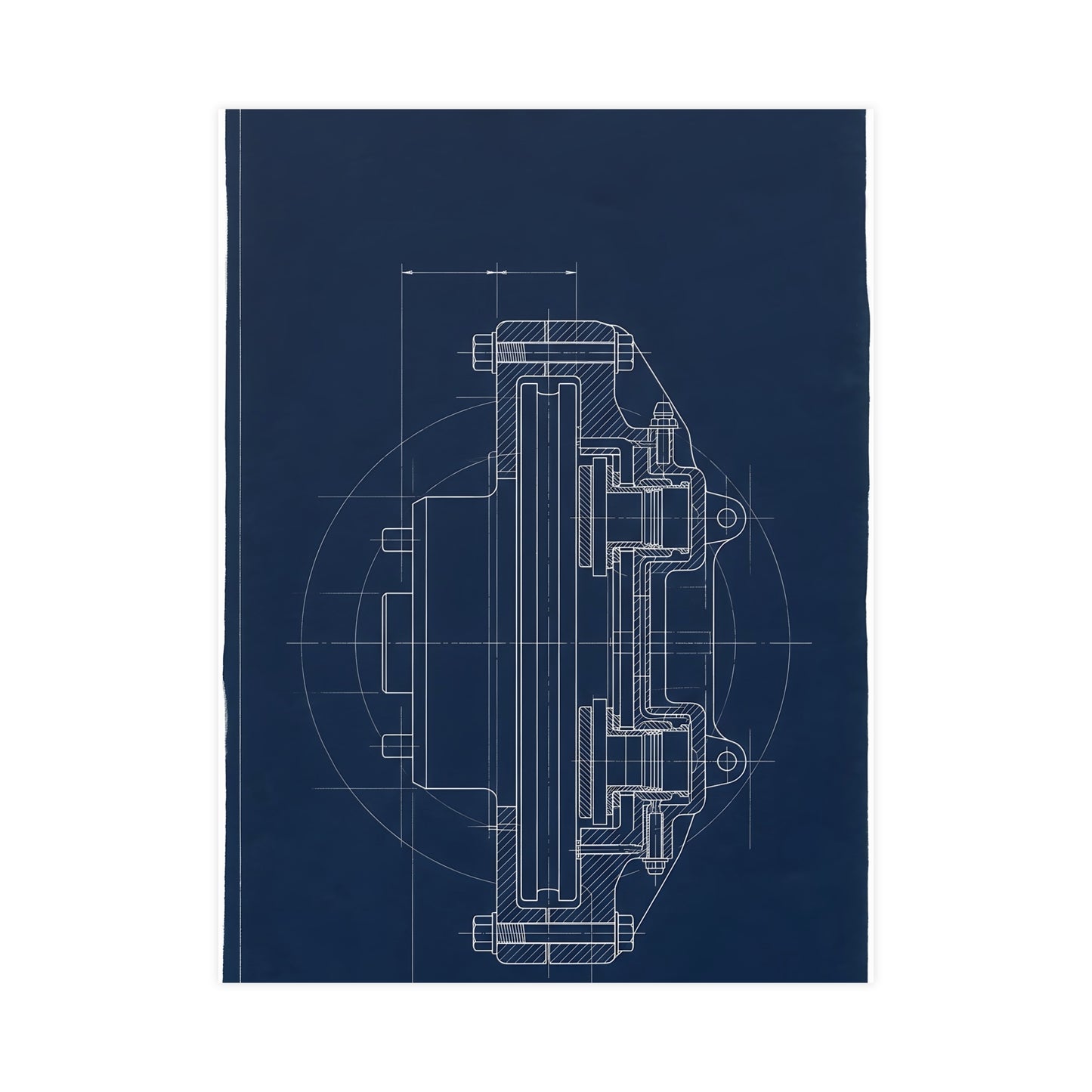 Disc Brake, in Section hung on a grey wall above a dark sofa, 12x18 in print