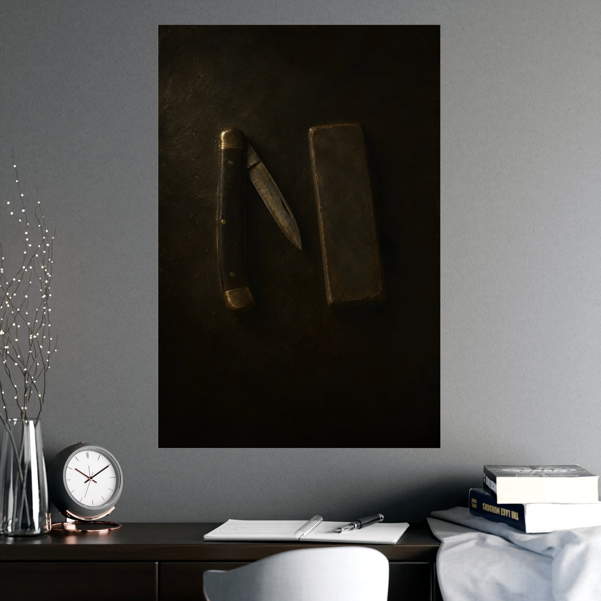 Knife and Whetstone — knife and whetstone, shown framed on a wall