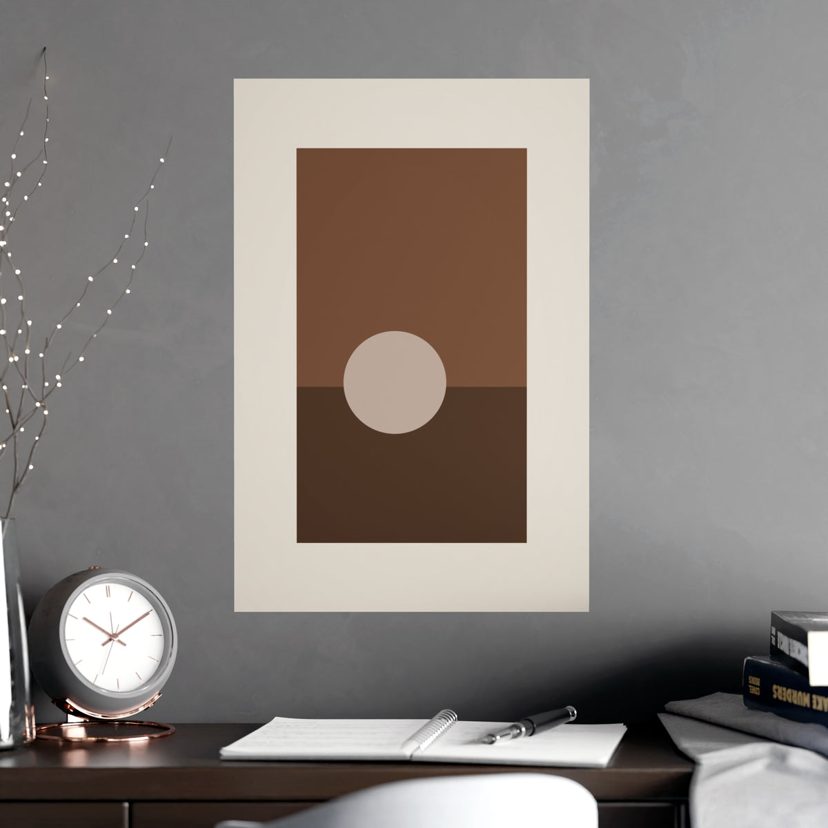 Sand Clay Sun Landscape Wall Art — sun landscape in a sand clay palette, shown framed on a wall
