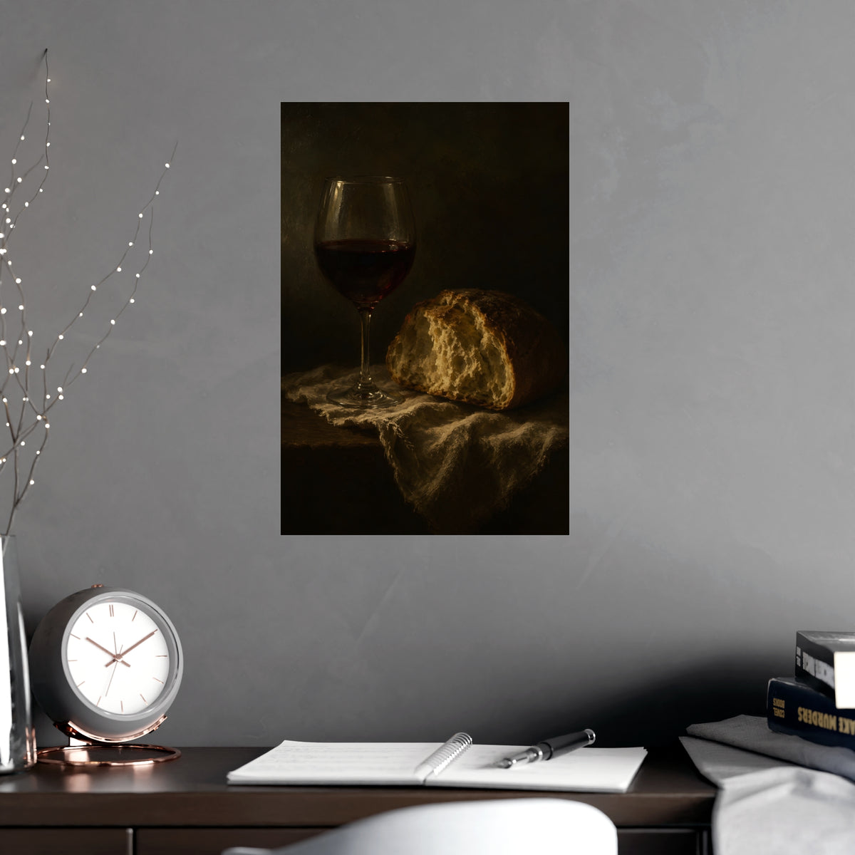 Wine and Bread — wine and bread, shown framed on a wall
