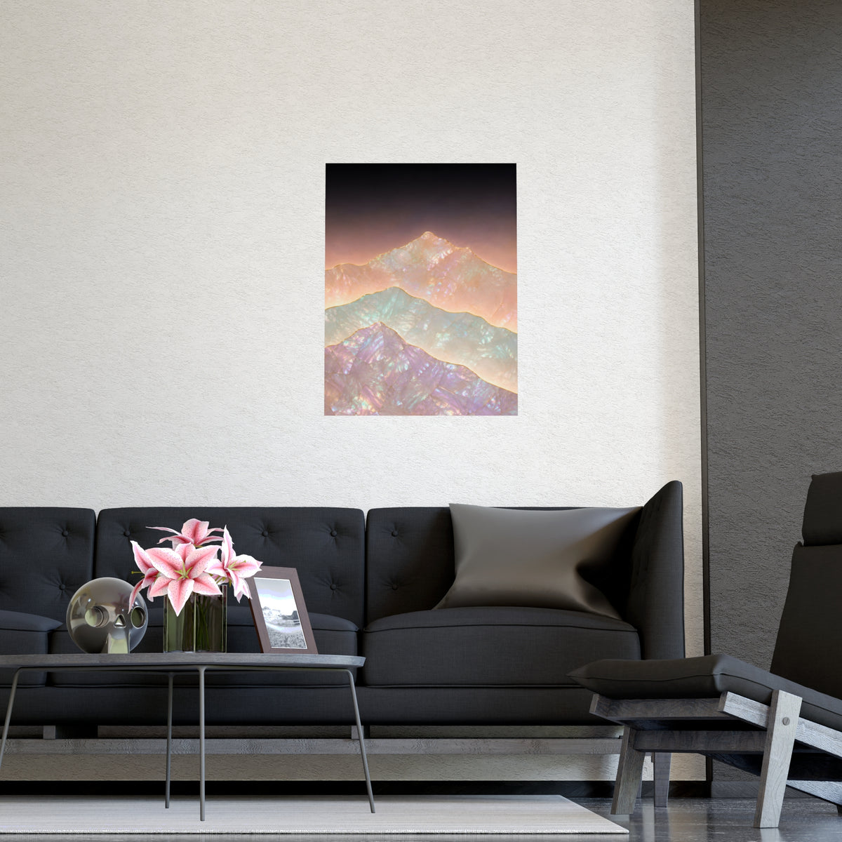 Mountains, Far Off — mountains, far off, shown framed on a wall