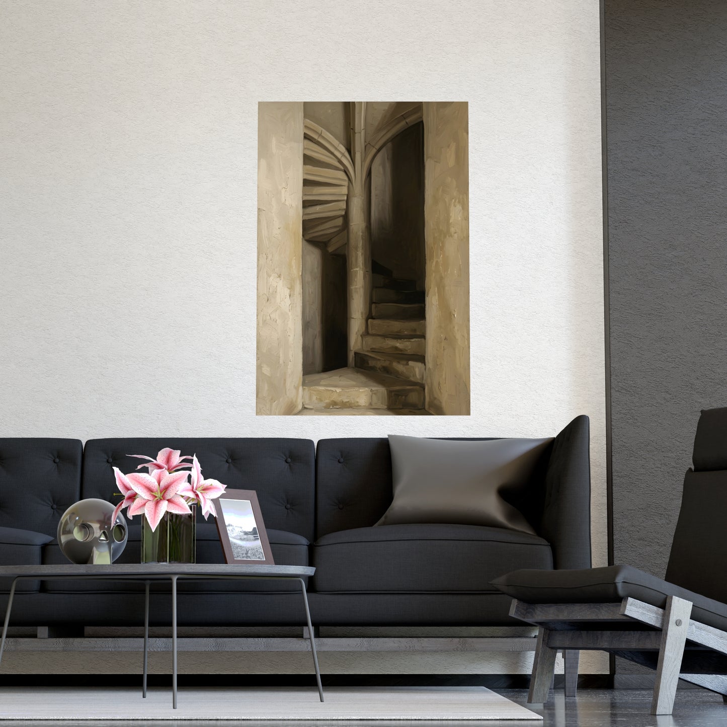 Stone Stair hung on a grey wall above a dark sofa, 18x24 in print