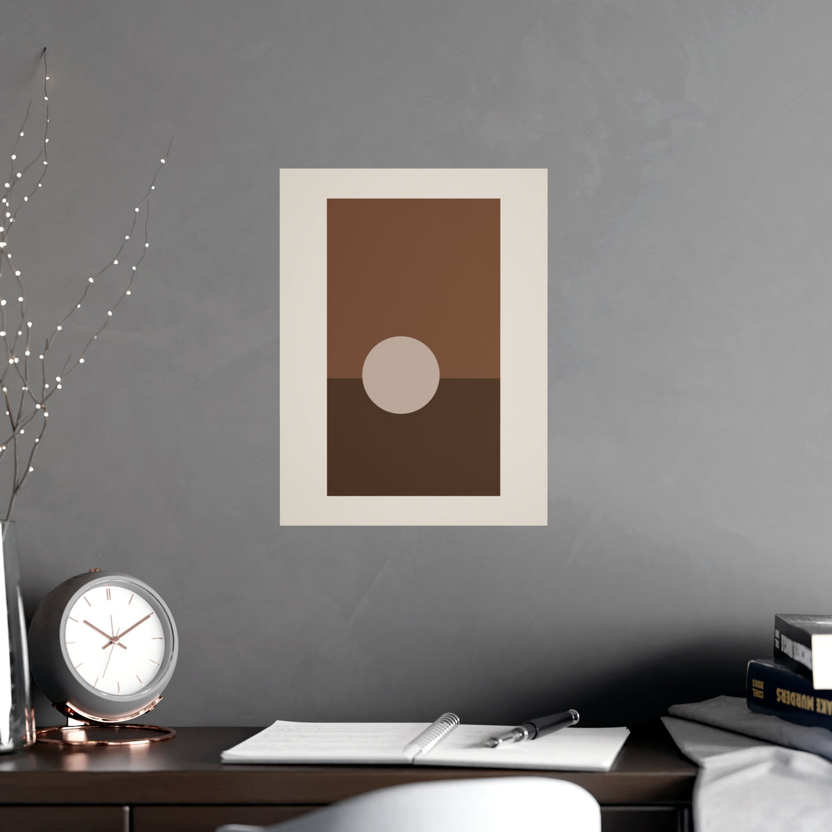 Sand Clay Sun Landscape Wall Art — sun landscape in a sand clay palette, shown framed on a wall