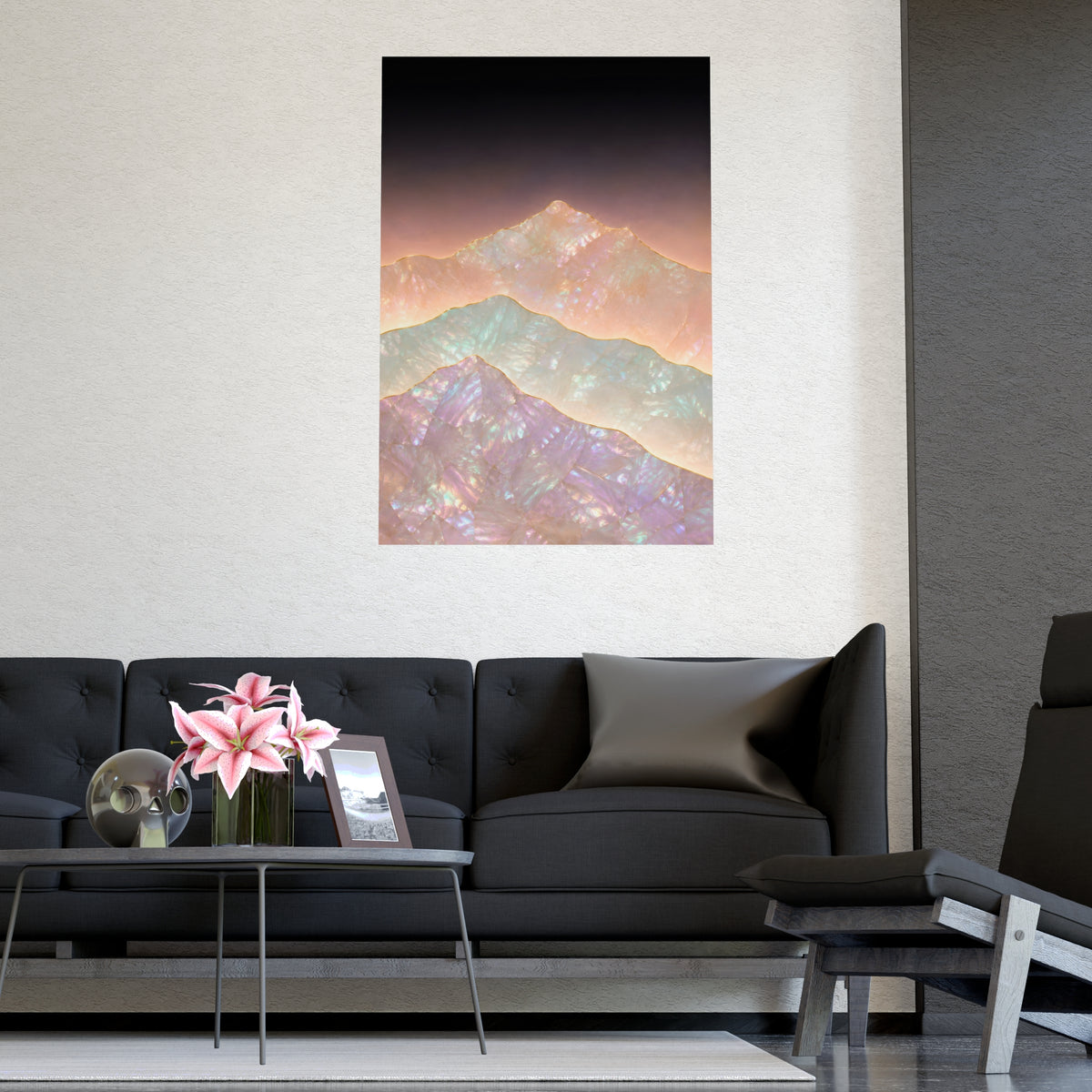 Mountains, Far Off — mountains, far off, shown framed on a wall