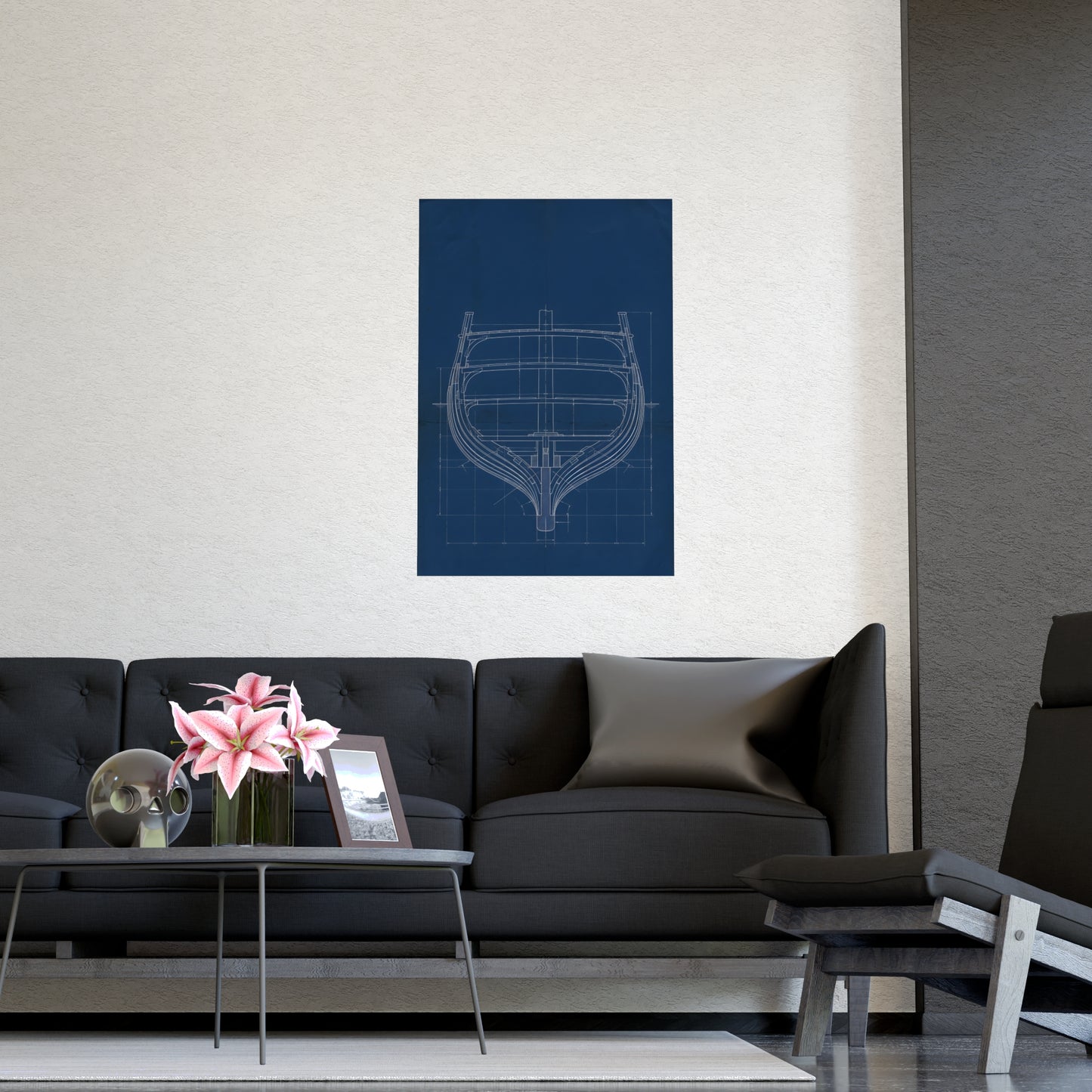 Ship's Hull framed on a cream wall in a living room, 16x24 in print