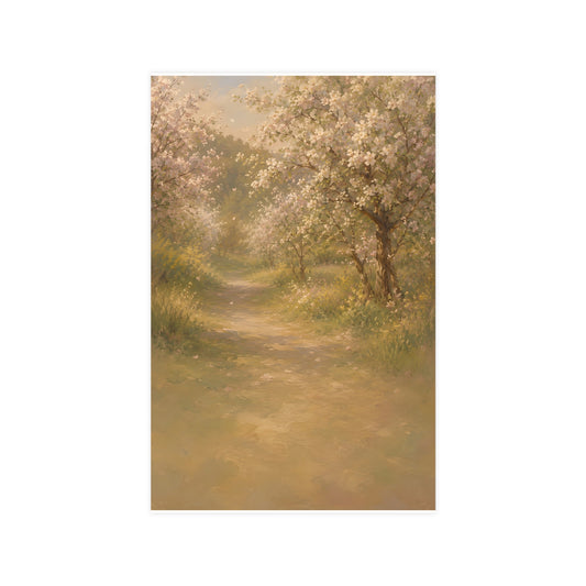 Orchard Path in Spring — a quiet orchard path with blossom drifting, 11x17 in print