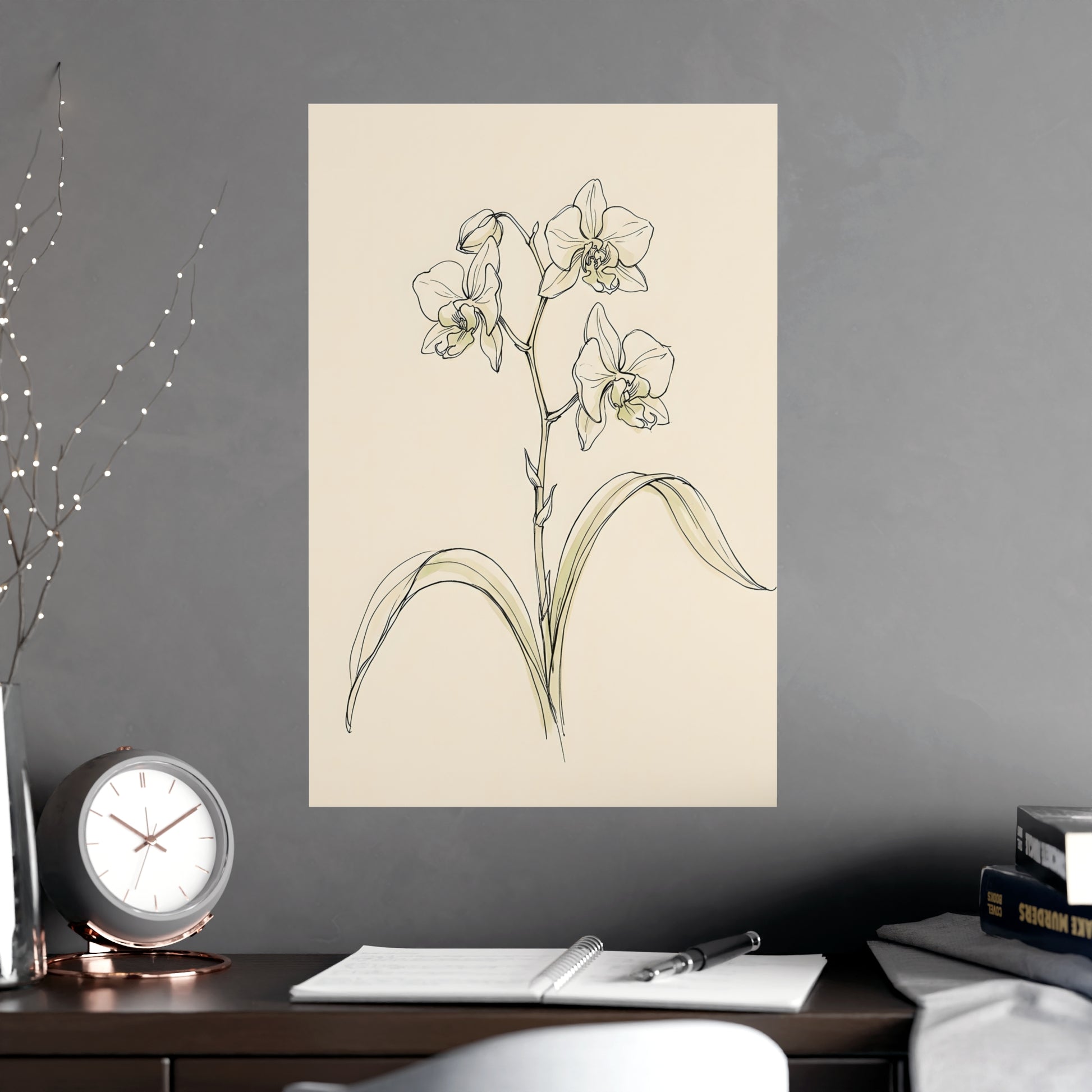 Orchid hung above a desk with a clock and notebook, 18x24 in print
