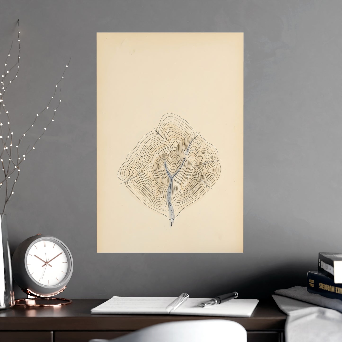 Contour Lines hung above a sofa with a side table and lilies, 18x24 in print