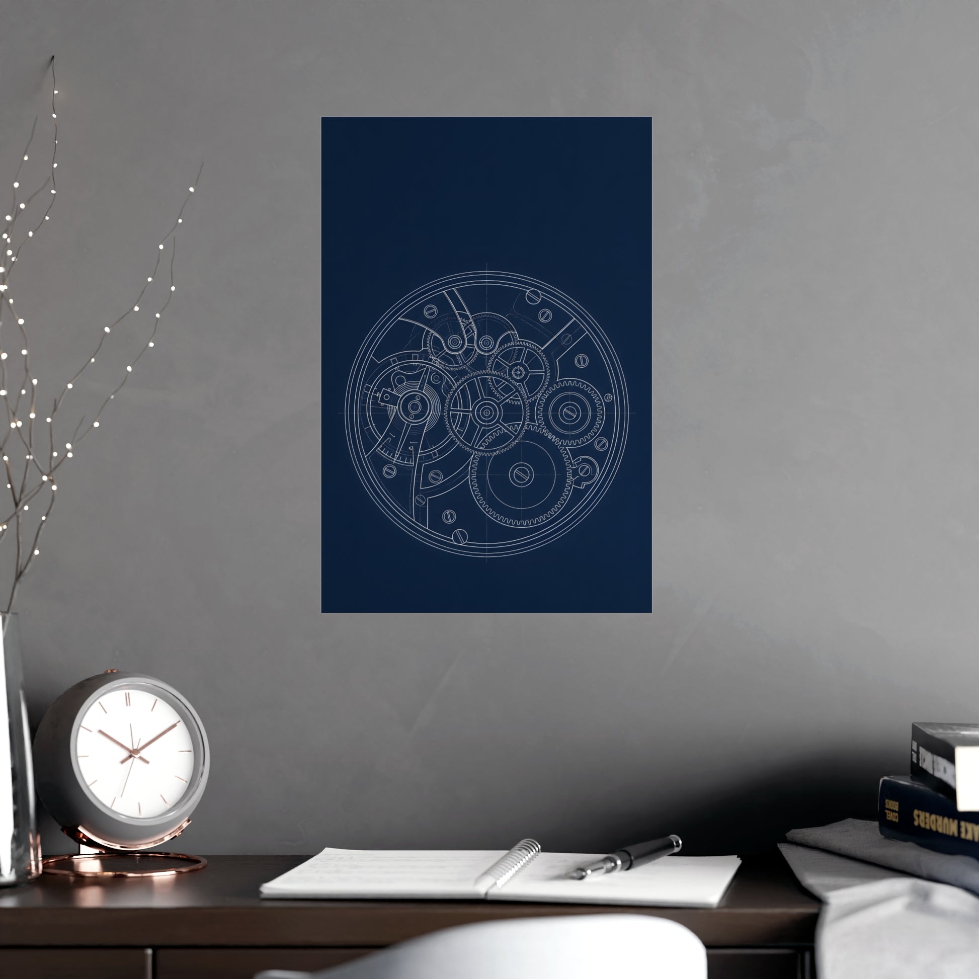 Watch Movement on a living room wall beside a tall vase, 12x18 in print