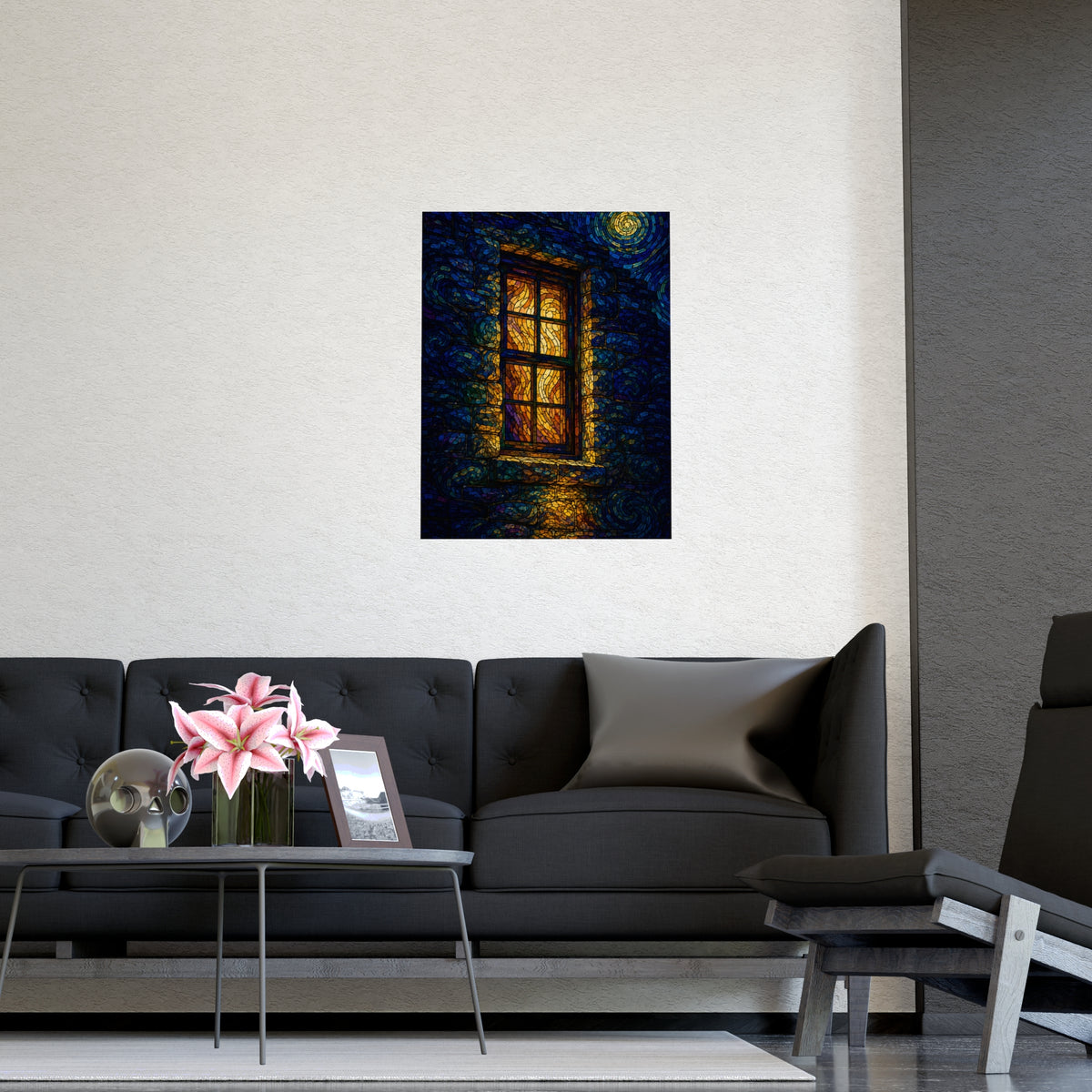One Lit Window — one lit window, shown framed on a wall
