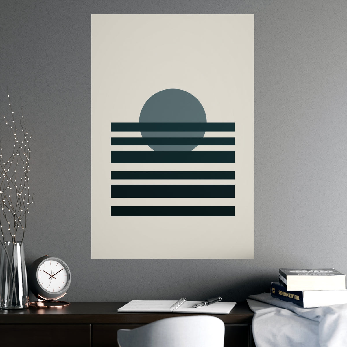 Deep Teal Sunset Landscape Wall Art — sunset landscape in a deep teal palette, shown framed on a wall