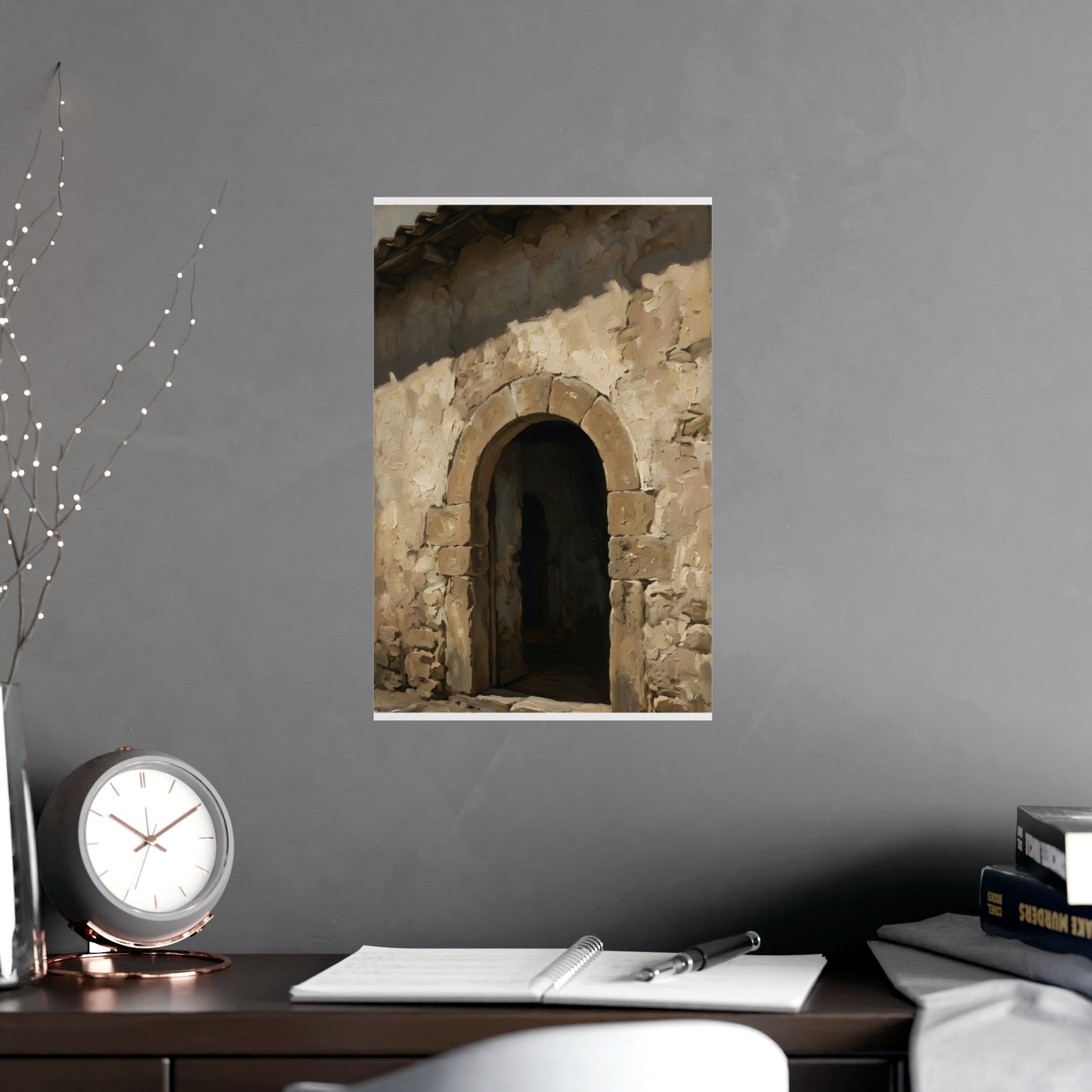 Arched Doorway hung on a grey wall above a dark sofa, 11x17 in print