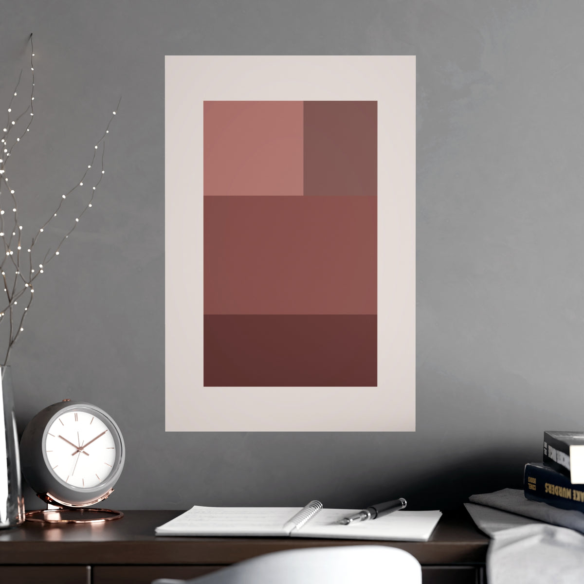 Dusty Rose Blocks Modern Wall Art — blocks in a dusty rose palette, shown framed on a wall
